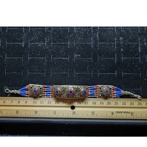 Vintage Sterling Silver/Tibetan Lapus Lazuli/Coral Bracelet Marked/Tested+